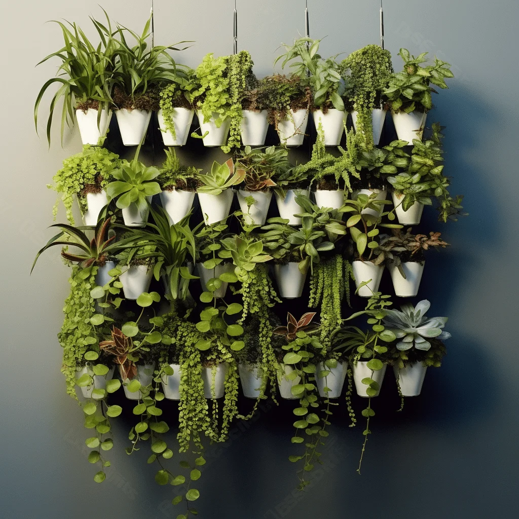 mur végétal fait de plantes en pots blanc sur fond gris, suspendu par des filins métalliques