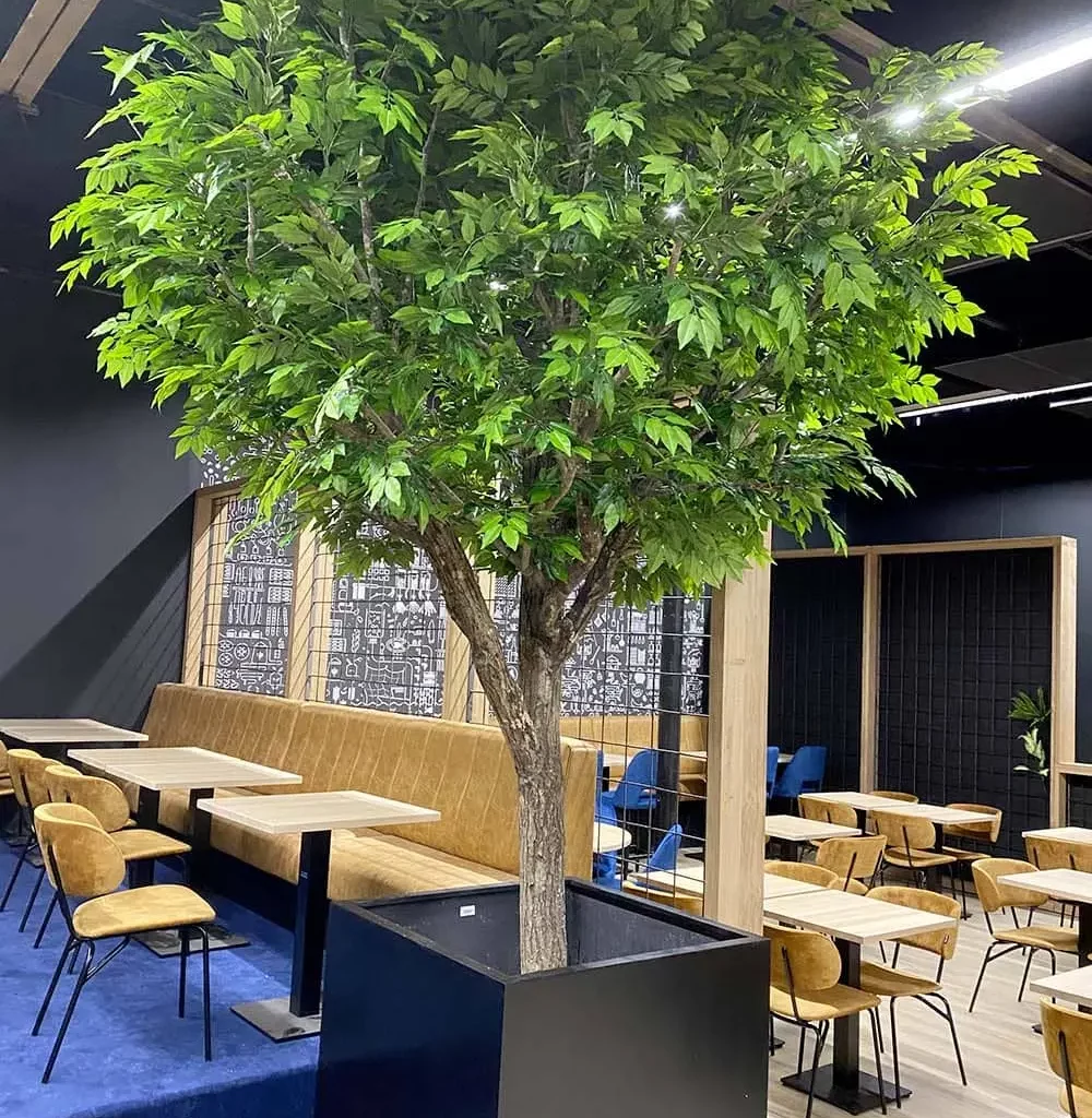 Arbre semi-naturel dans un pot rectangulaire noir, au mileur d'une salle de restaurant