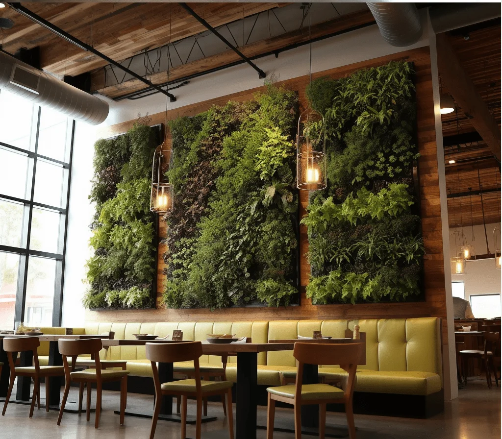 grand mur végétal dans un restaurant, avec des tables et des chaises vides au premier plan