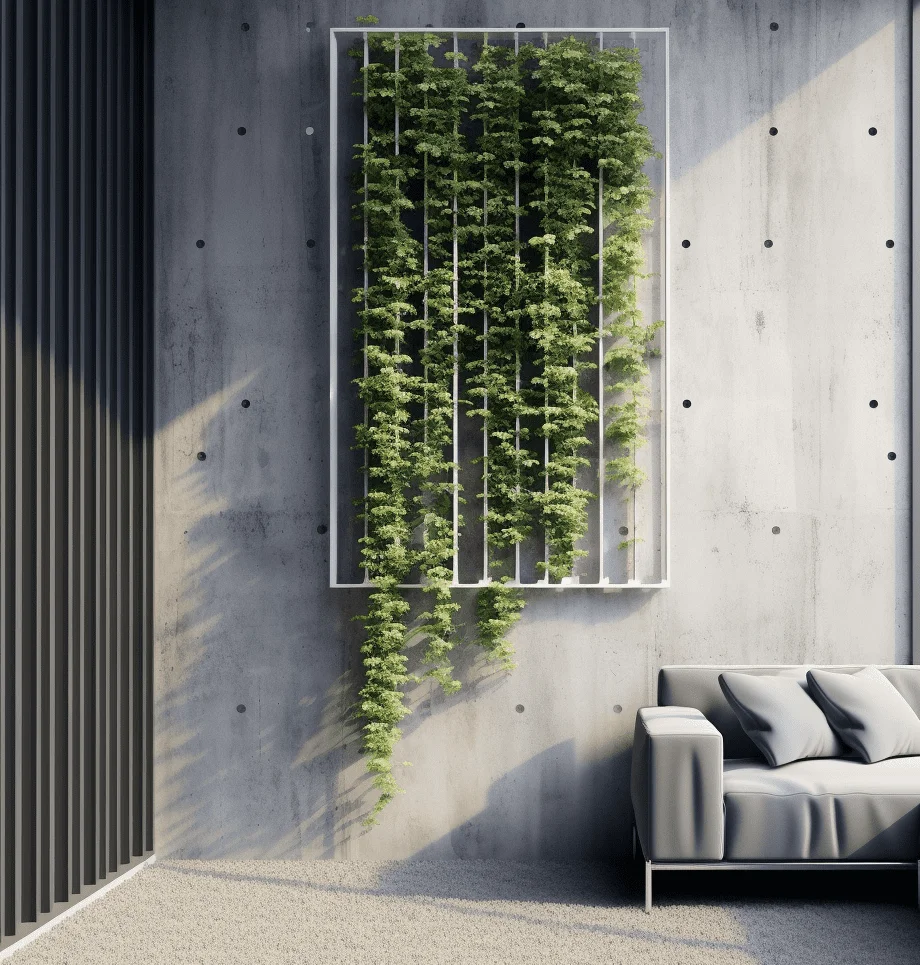mur végétal diy treillis dans un salon moderne, canapé gris, mur en béton brut