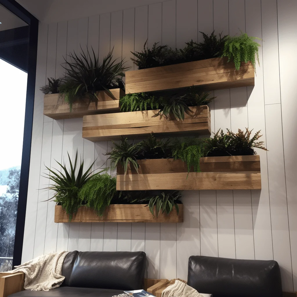 mur végétal en support bois dans un salon moderne au dessus d'un canapé en cuir