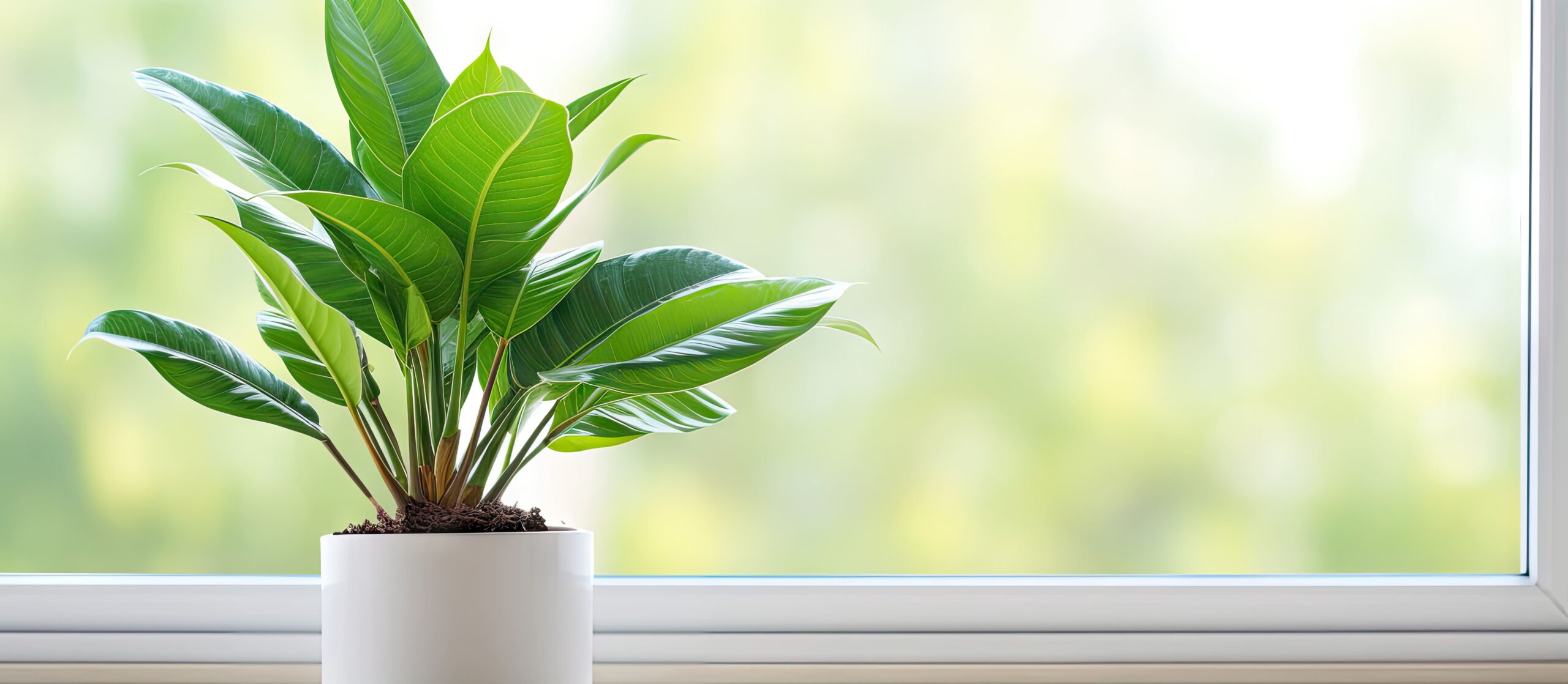 Photographie d'une plante d'intérieur luxuriante dans un pot blanc, sur le bord d'une fenêtre