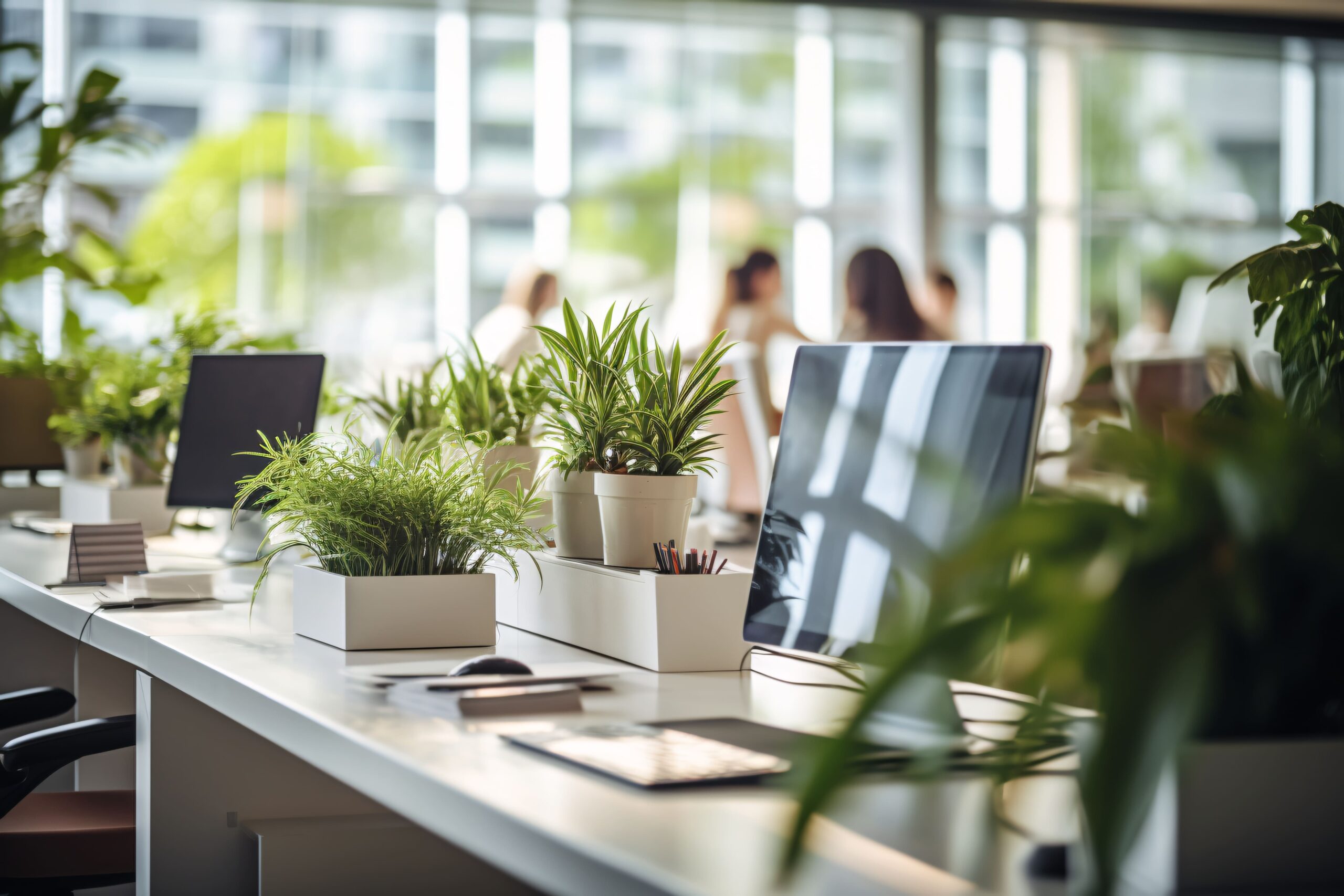 Photographie d'un environnement de travail plaisant : open space avec des ordinateurs et des plantes en pots sur les bureaux. On voit au loin des employés discuter