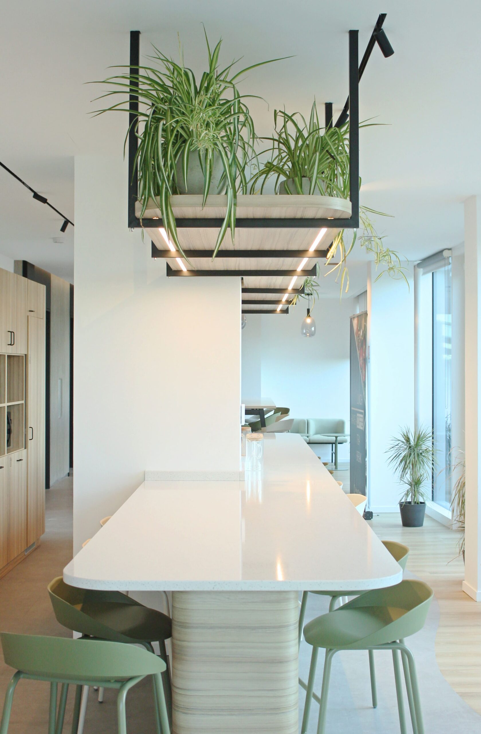 environnement de travail agréable : photo d'une cafétéria avec des meubles modernes et des plantes suspendues au plafond